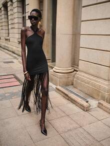 Lumivelle 女士春夏新款交叉吊带系带修身针织连衣裙，饰有优雅流苏拼接，时尚别致 - 黑色 - 查看 3