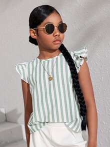 Tween Girls' Striped Cap Sleeve Casual Vacation Shirt, Spring/Summer - Green - View 5