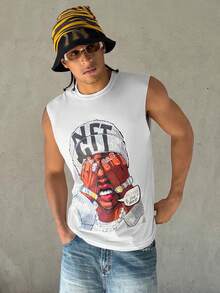 Manfinity EMRG 男士休闲无袖T恤，带有人物和标语印花，时尚街头风格，夏季 - 白色 - 查看 5