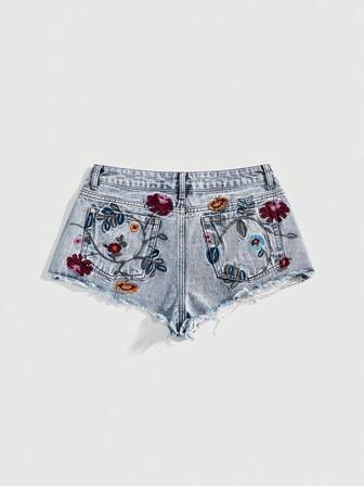 Fairycore Vintage Blumen Stickerei Destroyed Jeans Shorts