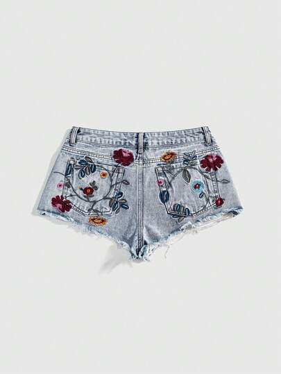 ROMWE Fairycore Vintage Floral Embroidery Distressed Denim Shorts