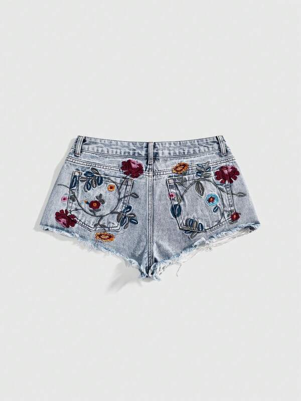 ROMWE Fairycore Vintage Floral Embroidery Distressed Denim Shorts