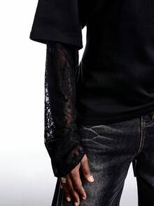 LYSMO 宽松圆领落肩撞色蕾丝休闲加大码T恤，春夏款 - 黑色 - 查看 6