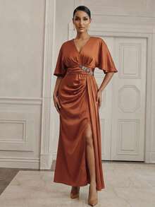 Anewsta Women's Elegant Party Summer Rusty Orange V-Neck Batwing Sleeve Dress,Waist Ruched Rhinestone Decor Cinched Satin Mermaid Hem Valentine's Day Dress - Redwood - View 3