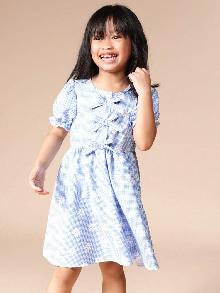 Sukienka w kratkę z krótkim rękawem i kokardą z przodu