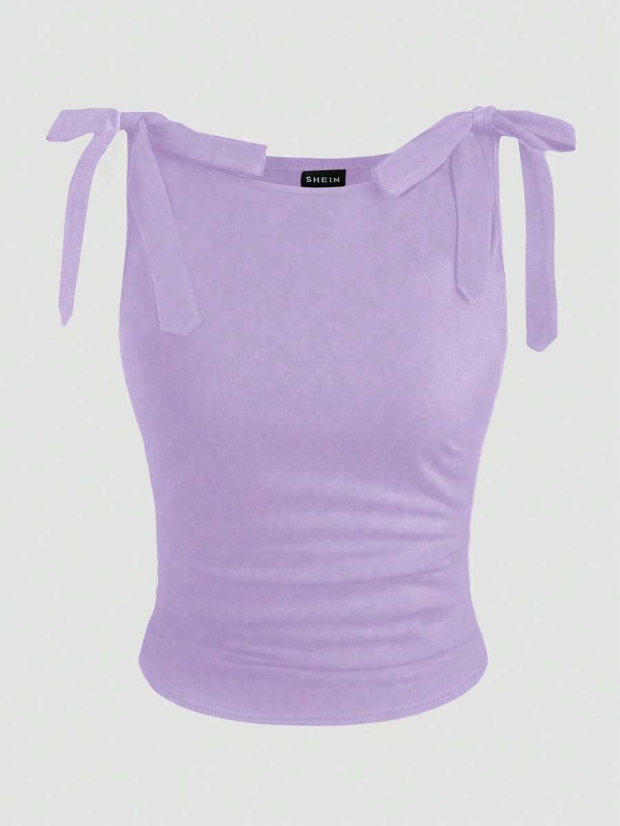 GlowEve 女士夏季无袖圆领吊带背心，肩部蝴蝶结设计，修身剪裁，时尚百搭 - 淡紫色 - 查看 1
