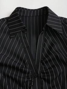 Sweetra Petite 复古美式条纹 Polo 领短袖修身时尚百搭夏季女式衬衫 - 黑色 - 查看 5