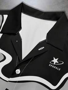 Manfinity EMRG Men's Black Grey White Abstract Wavy Line Curve Sparkle Planet Logo Print Short Sleeve Shirt | Summer Streetwear Y2K Vintage Futuristic Fluid Art Color Block Button Down Collar Top | Urban Casual Modern Minimalist Space Theme Holiday Vacation Camp Shirt | Soft Breathable Premium Daily Outdoor Outerwear,Men's Printed Short Sleeve Shirt Mens Short Sleeve Shirt Mens Street Wear Shirt Mens Black And White Shirt - Multicolor - View 7