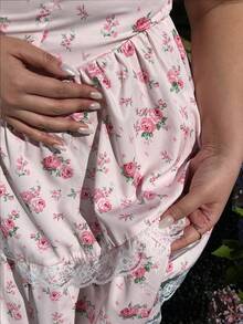 Lyrianda Đầm dáng Pháp cỡ lớn, in hoa, viền ren, thích hợp mặc mùa xuân/hè. - Hồng - Xem 9