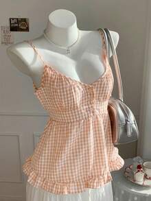 SHEIN EZwear 女士宽松休闲橙色格子荷叶边吊带背心，春夏款 - 橘色 - 查看 7