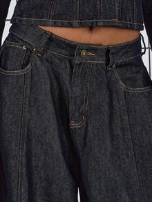 COUREZ 低腰宽松灯笼裤，撞色缝线 - 深色水洗藍 - 查看 6