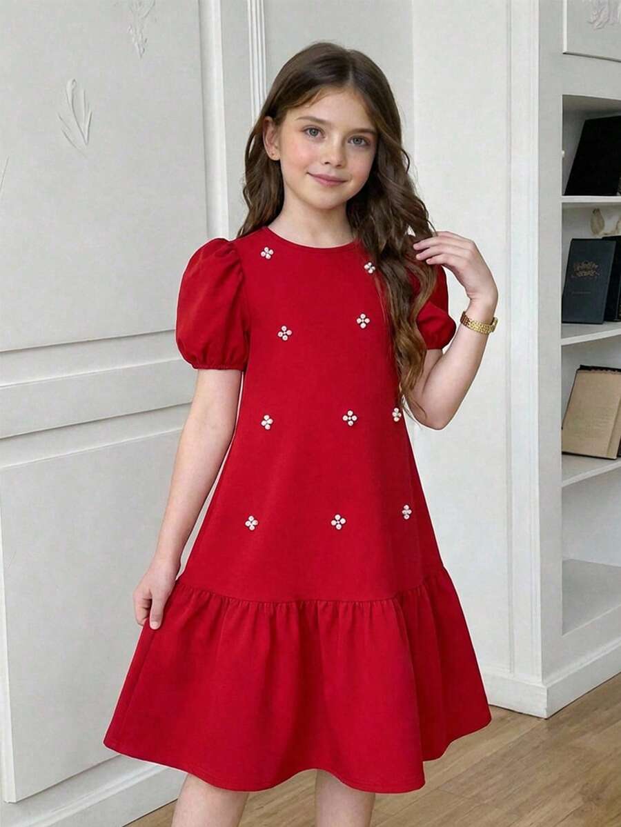 SHEIN Vestido de princesa elegante con cuello redondo, volantes y decoración de perlas para niña preadolescente, vestido de fiesta rojo adecuado para boda, fiesta de cumpleaños, regalo del Día de San Valentín, niñas - Rojo - Ver 1