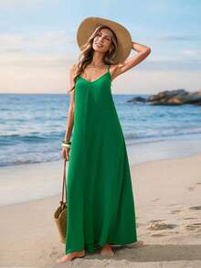 Sylviya 女士休闲露背长裙，适合度假 - 綠色 - 查看 3