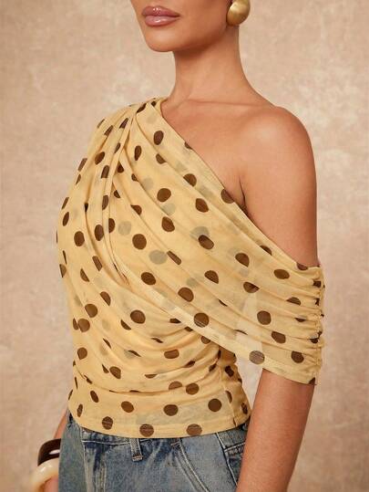 Lumalex New Spring /Summer Women's Casual Daily Commuting Elegant Solid Color Waist Asymmetric Shoulder Ruched Neck Top,Business Casual Women's Wear Spring/Summer Old Money Style,Yellow Color-Blocked Printpolka Dot Mesh  Asymmetrical Collar  Tops For Women,Luxury Prom Gathering Party Banquet Modest Old Money Coquette Glitter Holiday Party Rave Festival Outing Vacation Hot Outdoor Richly Layered Wedding Season Banquet ID Al-Adha Al-Adha Party New Year Sequin Outfit Looks Of Party Gala Night Party Valentine's Day Date For Spring / Summer,Spring Outfit Women