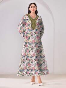 Al Najma Women's V-Neck Floral Print Casual Modest Party & Outing Arabic Style Dress - Multicolor - View 4