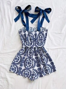 Soleia Combinaison courte à imprimé floral coloré pour femmes, convient pour la plage, les festivals de musique, le style hippie, les fêtes, les rendez-vous, le thé de l'après-midi - Bleu et Blanc - Voir 2
