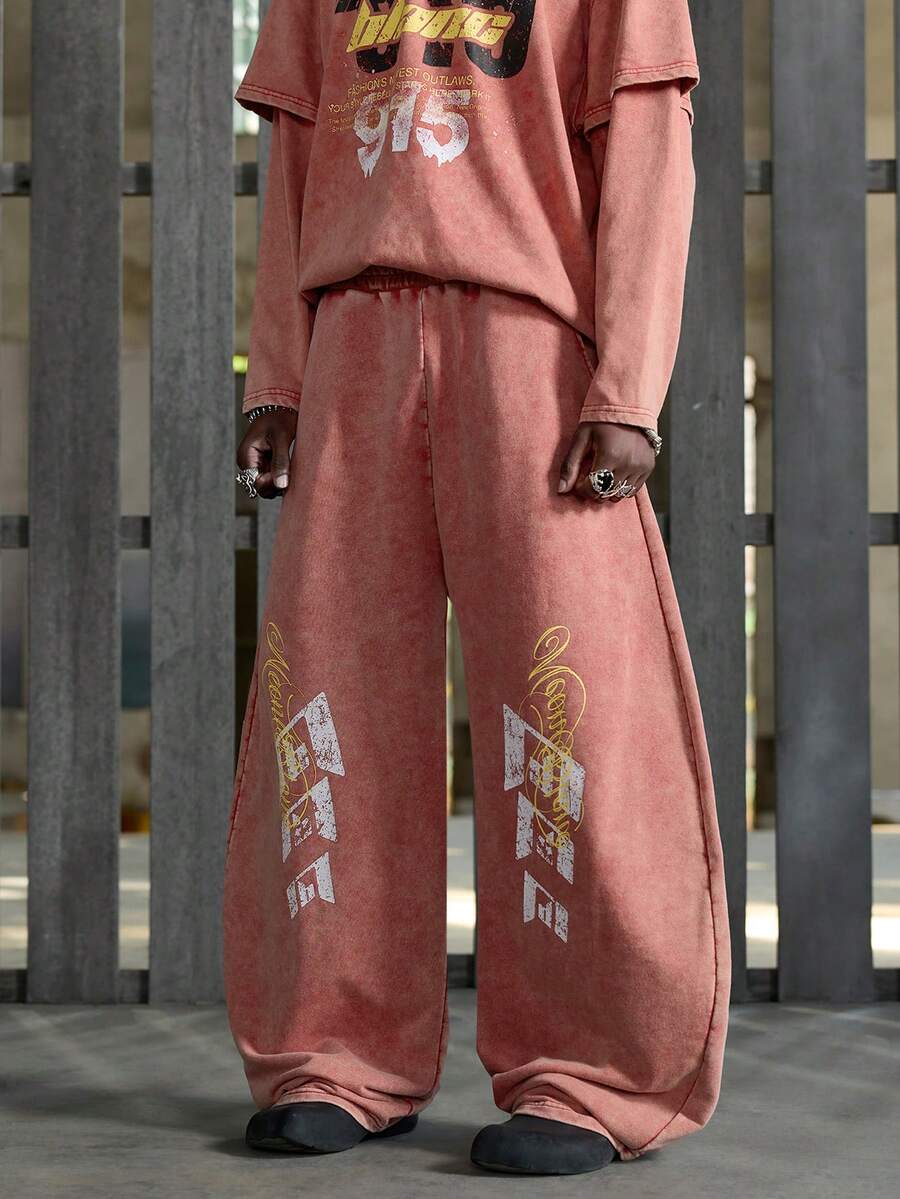 NEON BLANC Men's Casual Loose Sweatpants, Red Silkscreen Printing, Spring/Autumn - Red - View 1