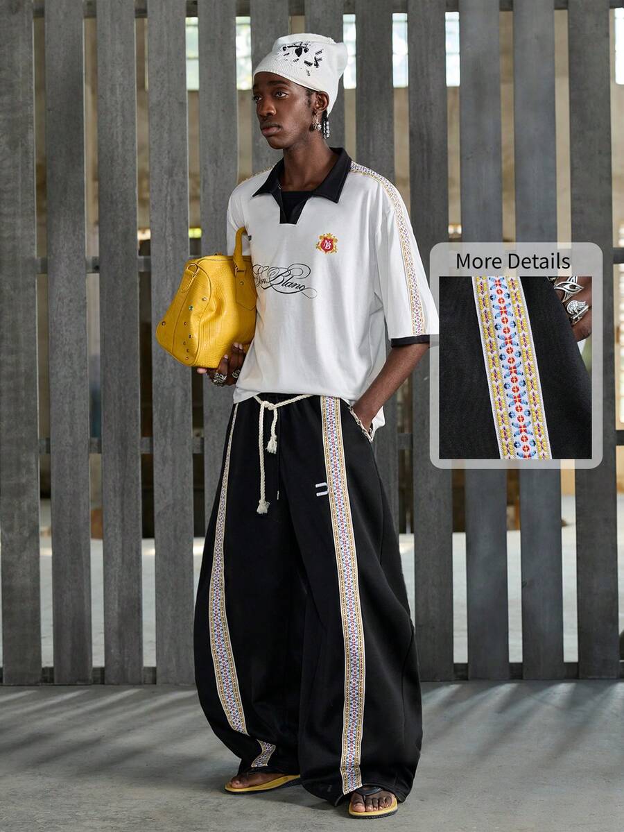 NEON BLANC Men's Casual Loose Sweatpants With Drawstring Waist And Patchwork Design, Suitable For Spring And Autumn - Black - View 1
