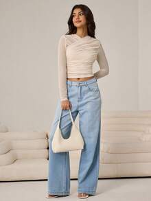 Aidyla 杏色网眼褶皱露背性感约会之夜女士T恤 - 杏色 - 查看 4