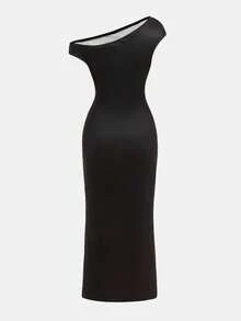 Tween Girl Fashionable Elegant Printed Asymmetric-Shoulder Spaghetti Strap Dress, Suitable For Summer Beach Vacation - Black - View 2