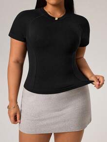 Rhythm Era Kaos Olahraga Lengan Pendek Pas Badan Wanita Ukuran Plus Warna Hitam Tanpa Jahitan - Hitam - View 2