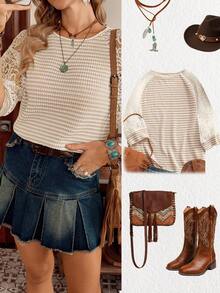 LanaWest Women's Western Casual Knit Jacquard Striped Contrast Lace Sleeve Loose Daily T-Shirt - Apricot - View 5