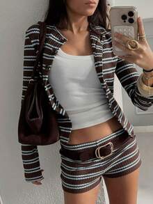 Siren Gaze Brown & Blue Striped Long Sleeve Top And Shorts Set, Spring/Autumn Casual