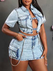 Slaydiva Plus Size Women's Short Sleeve Cutout Design Cropped Sexy Denim Jacket - Light Wash - View 1