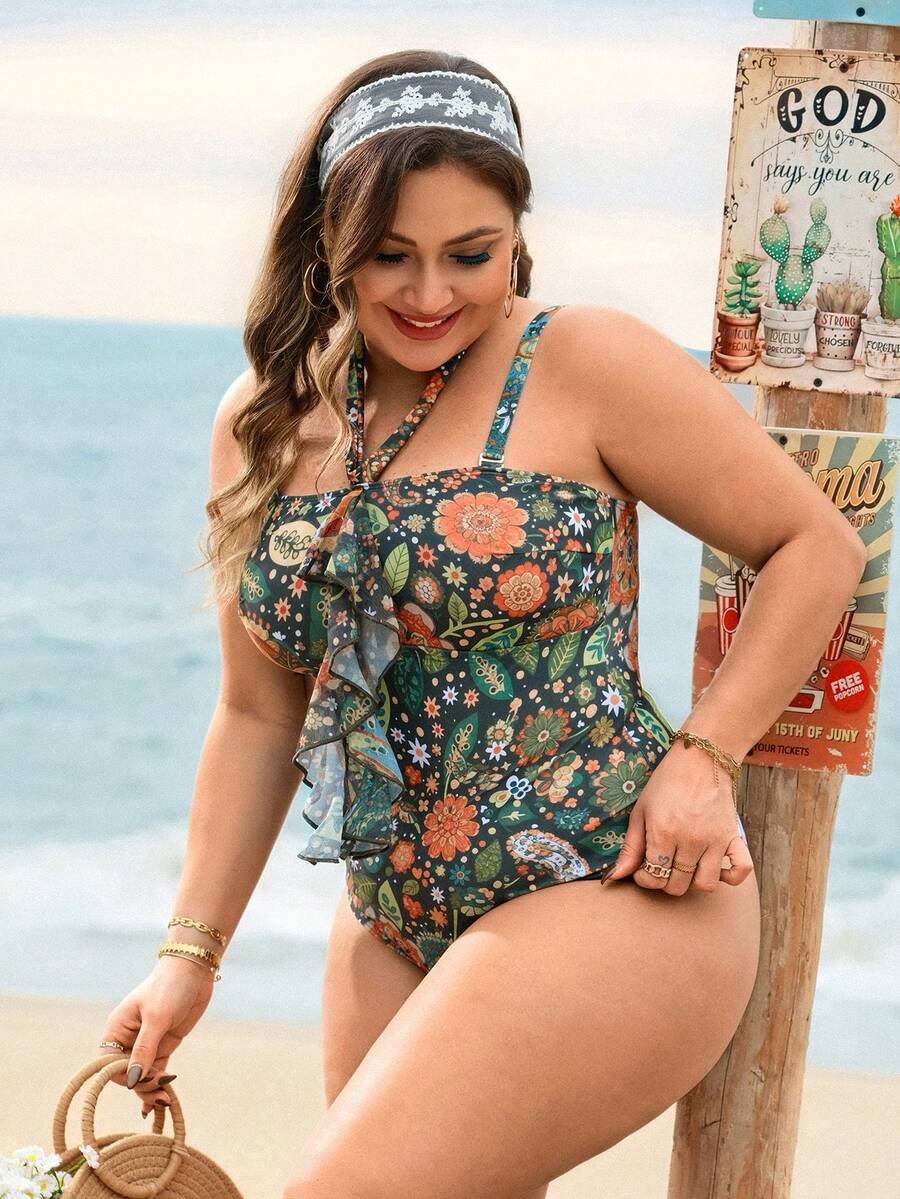 Swim Lushoire Jednoczęściowy kostium kąpielowy dla kobiet w dużych rozmiarach z kwiatowym nadrukiem i falbanką, z halterem - Zielony - Zobacz 1