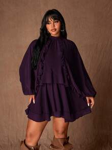 Rustia Plus Size Slim Fit Ruffle Hem Layered Short Dress, Long Sleeve, Round Neck, Brown - Purple - View 4