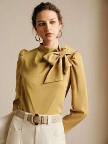 Revavyn 女士纯色优雅百搭系领泡泡袖衬衫 - 芥末黃 - 查看 5