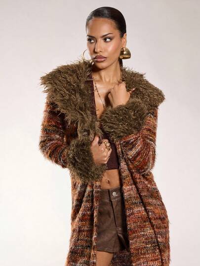 Normani 女士长款开衫，彩色条纹波西米亚风外套，配人造毛领和袖口，秋冬季