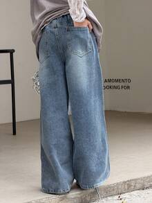 DAZY Quần jeans ống rộng dáng rộng, chất liệu denim mài, viền ren, thích hợp cho bé gái tuổi teen. - Màu xanh lam - Xem 5