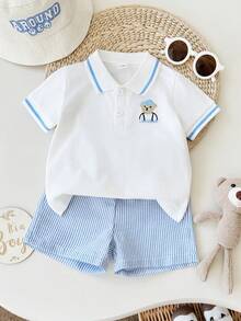 Playful Pals Bộ 2 món cho bé trai, gồm áo polo thêu họa tiết và quần short kẻ sọc, thích hợp mặc hàng ngày vào mùa xuân/hè, đi chơi thể thao và đến trường. - Màu xanh lam - Xem 3