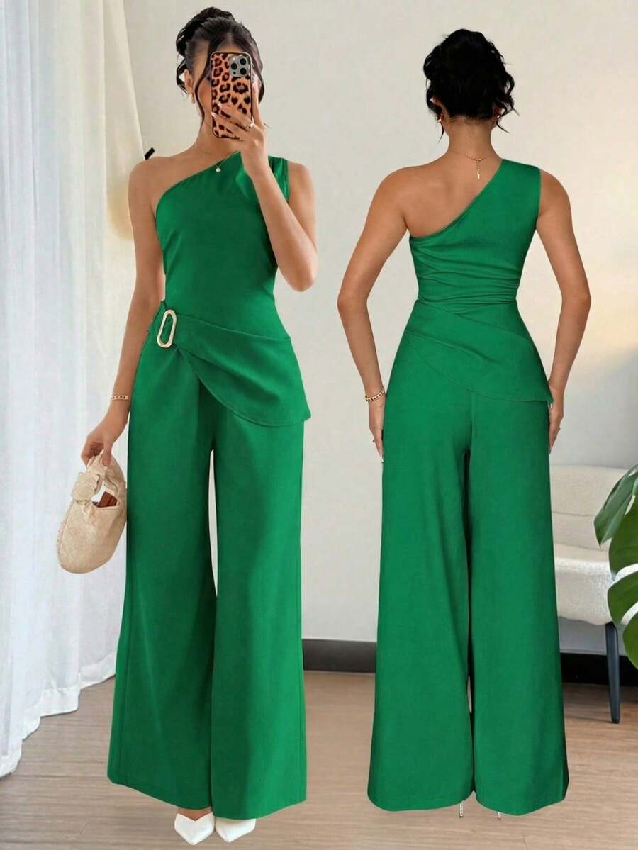 Rafferiza 2pcs Women's Asymmetric Shoulder Elegant Commuting & Casual Set - Green - View 1