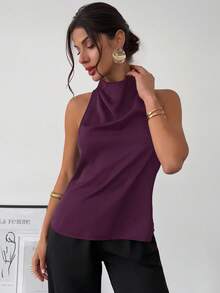 Firerie Xuân/Hè Mới Thanh lịch Thường ngày Cổ điển Hiện đại Không đối xứng Cổ áo Không tay Halter Hở lưng Nơ Trang trí Ôm sát Áo cánh đi làm màu đen - Màu tím - Xem 7