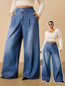 SHEIN Tall CURVE Plus Size Women's Fashion Wide Leg Pockets Jeans - Medium Wash - View 8