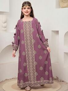 SHEIN 少女纯色拼接条纹方领蝴蝶结装饰长袖宽松A字连衣裙，适合旅行、度假、乡村风、休闲度假、波西米亚风，可与姐妹和女儿搭配穿着。 - 彩色 - 查看 7