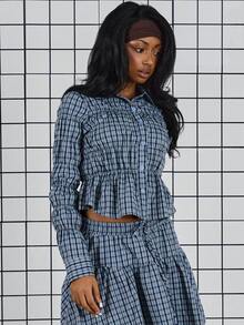 COUREZ Long Sleeve Shirred Check Shirt /Y2K Spring Cute Going Out Shirts Party Top Back To School Date Night Valentines Day - Blue - View 5