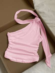 SHEIN EZwear Blusa sin mangas plisada elegante para mujer, color rosa claro, para verano - Rosa Pálido - Ver 5