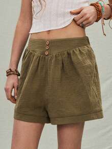 SHEIN Holidaya Chic Women's Green Woven Fabric Mini Length Track Shorts Casual Plain Style With Front Buttons - Green - View 4