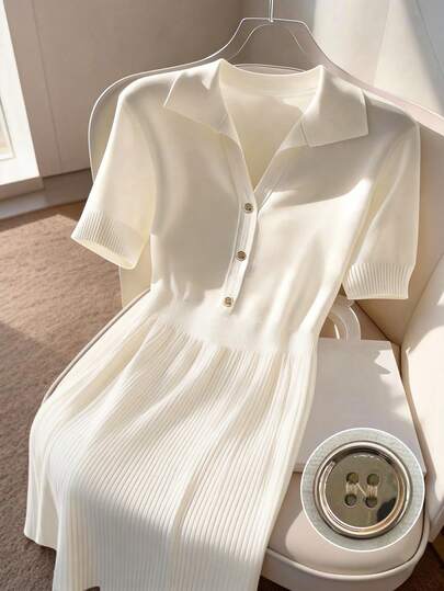 Franclia Women's Spring/Summer Simple Casual Versatile White Collared Short-Sleeved Slim Fit Knitted Solid Color Short Sweater Dress; Women's Summer Dress; Women's Spring Dress; Women's Elegant Party Dress; Women's Elegant Outfit; Women's Casual Top; White Dressfashionable Casual Commuter Wear, Business Office Wear, Versatile And Stylish Everyday Casual Wear, Urban Teacher's Professional Attire