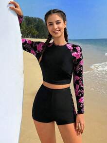 SHEIN 少女插肩袖热带植物印花上衣和短裤泳衣套装 - 玫紅色 - 查看 3