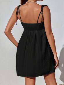 SHEIN EZwear 女性純色百褶夏日連衣裙 - 黑色 - 查看 2