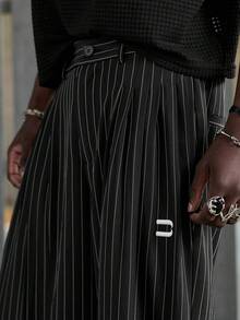 NEON BLANC Men's Casual Commuter Fashion Street Striped Print Pleated Loose Wide Leg Pants, Belt Not Included - Black - View 6