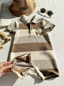 SHEIN 2件套新生儿男女通用休闲可爱条纹卡通图案翻领短袖连体衣，含帽子，适合生日派对、锐舞派对、晚宴、表演、婚礼、满月、洗礼和一周岁生日庆祝活动。 - 彩色 - 查看 7