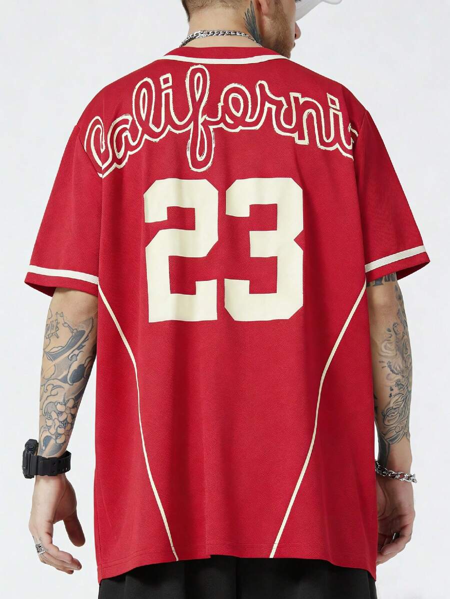 ROMWE MEN Prep 男士休闲印花短袖衬衫 - 紅色 - 查看 1