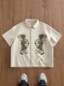 EASEVO 加大码男士雕像印花短袖单排扣休闲衬衫 - 米色 - 查看 1