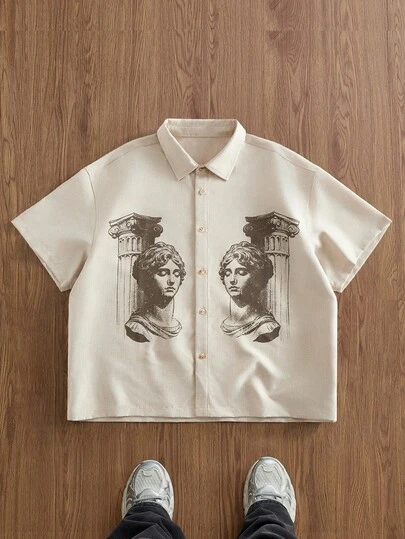 EASEVO Plus Size Men's Statue Print Short Sleeve Single-Breasted Casual Shirt