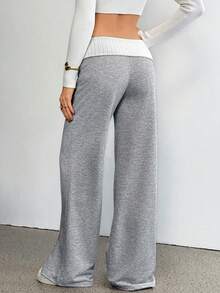 SHEIN Tall 女士夏季及夏季街头服饰外出休闲返校复古日常穿搭Y2K罗纹针织白色翻边裤法式灰色喇叭裤，夏季度假装扮 - 灰色 - 查看 3
